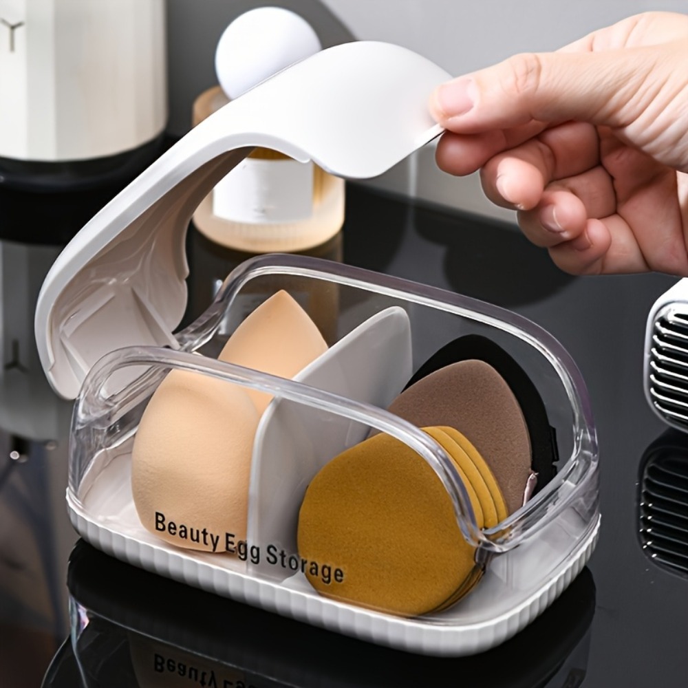 Beauty Makeup Organizer - صندوق تخزين إسفنجات التجميل بقسمين، غطاء